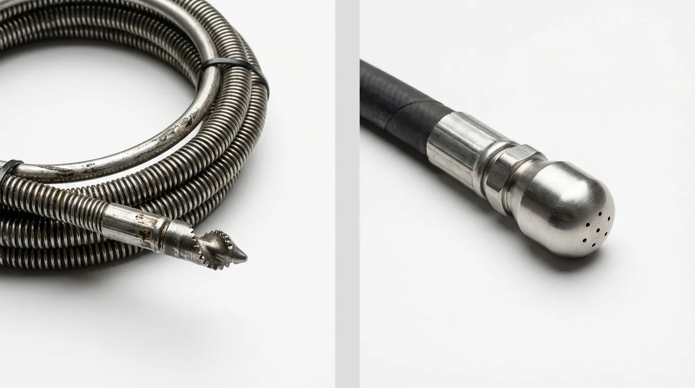 Drain snake cable and hydro jetting nozzle used for drain cleaning in Louisville, CO