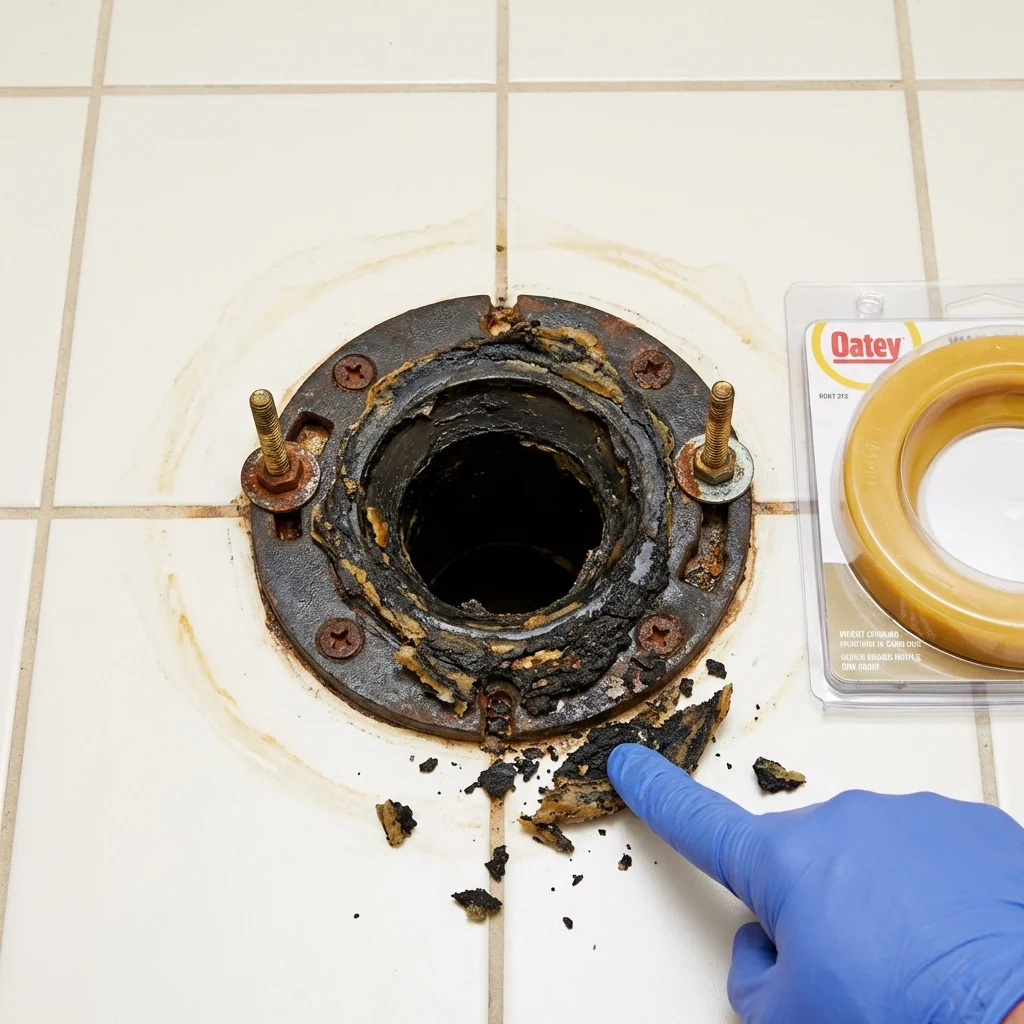 Failed wax ring showing water seepage at the base of a toilet in a Louisville, CO home