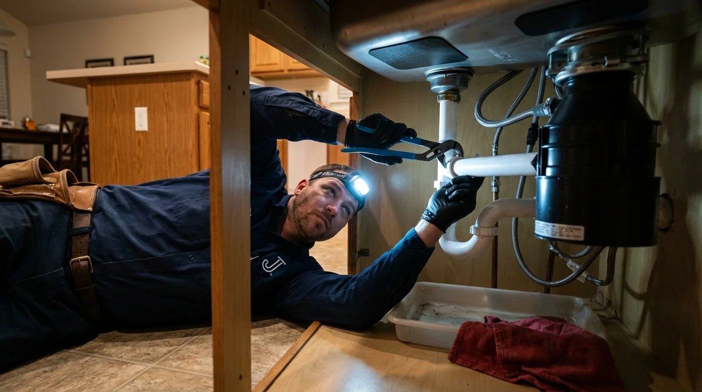 P-trap and supply line connections under a kitchen sink showing a common leak point in Louisville, CO